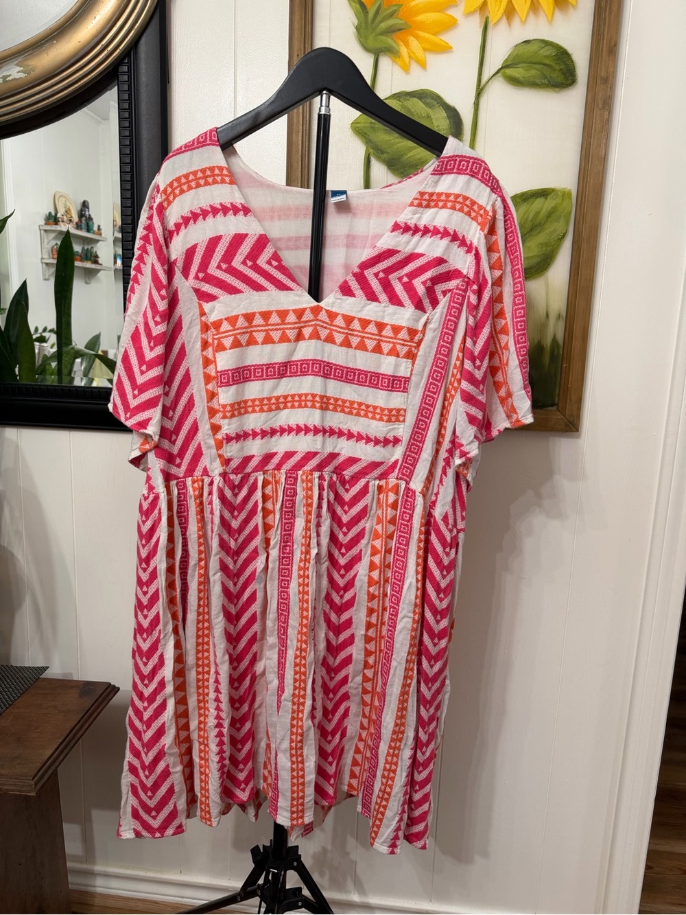 Old Navy Pink & Orange Striped V-Neck Dress